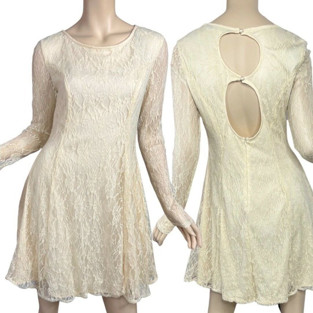 Ark & Co Dress Lace Open Back Cream Long Sleeve Size Large